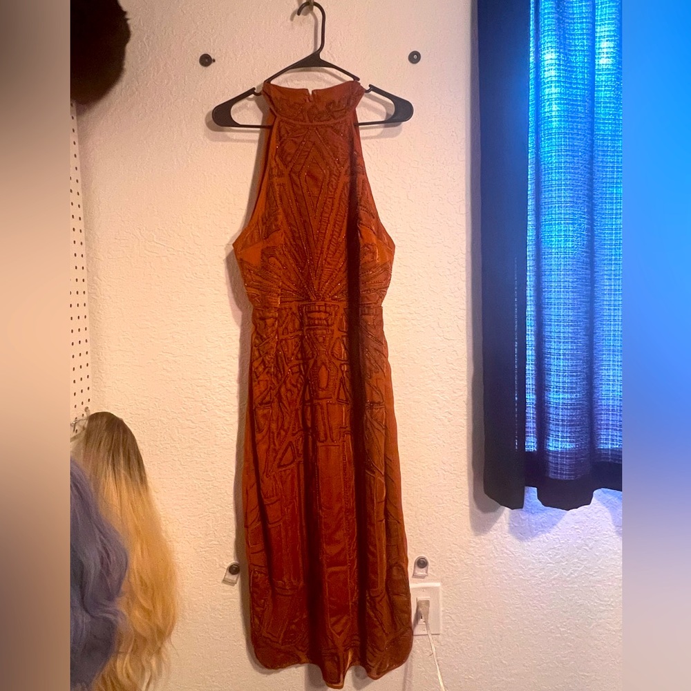 Copper velvet high neck cut out back dress